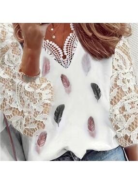 Lace Splicing Feather Print, V Neck Summer Blouse, Size XXL (14)
